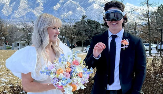 Groom Wearing Apple Vision for Wedding Pictures